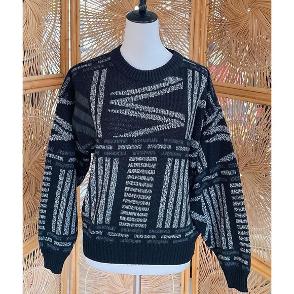 Vintage Gitano Retro Geometric Black Gray Knit Funky 80s/90s Sweater M - Picture 1 of 7